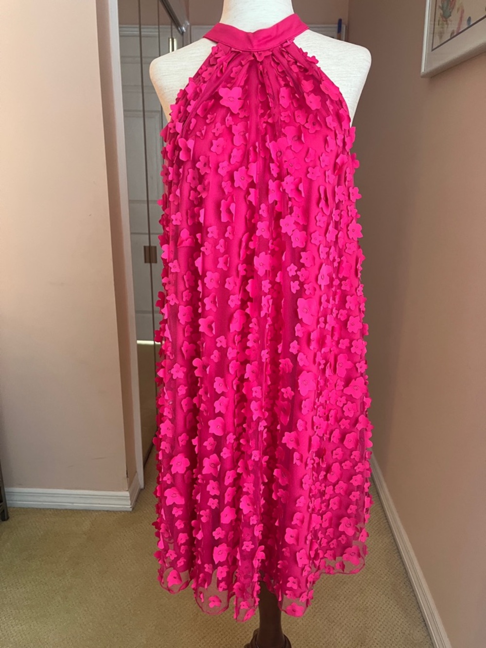 Eva Franco Pink Floral Appliqué Halter Mini Dress